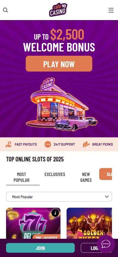 Cafe Casino mobile game lobby with casino titles