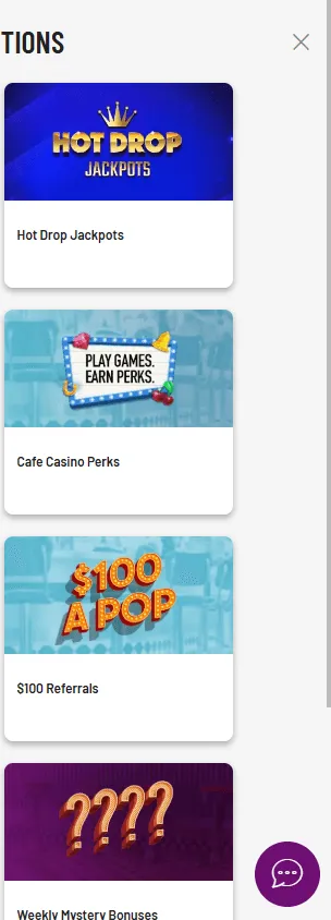 Cafe Casino mobile promotions area with bonus and jackpot offers