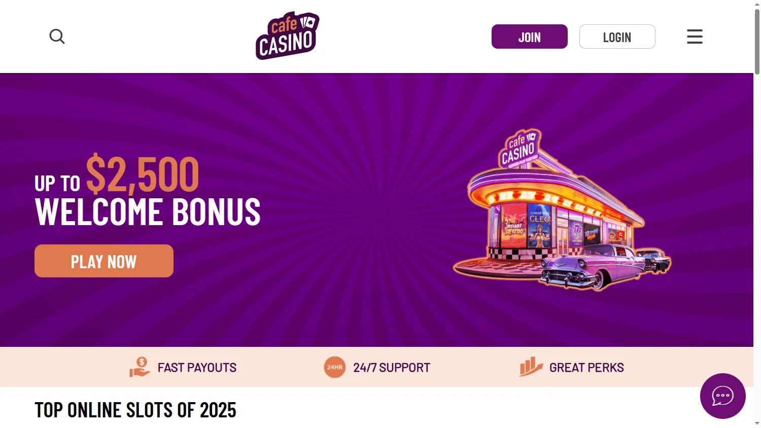 Cafe Casino desktop game lobby with casino titles and game categories