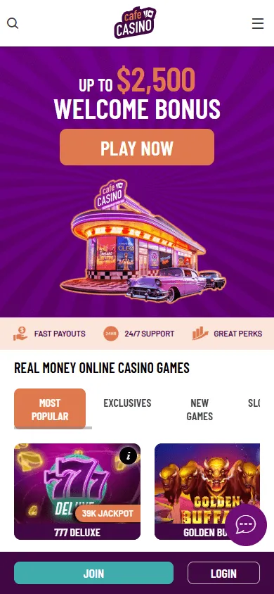 Cafe Casino mobile-responsive home screen on a smartphone