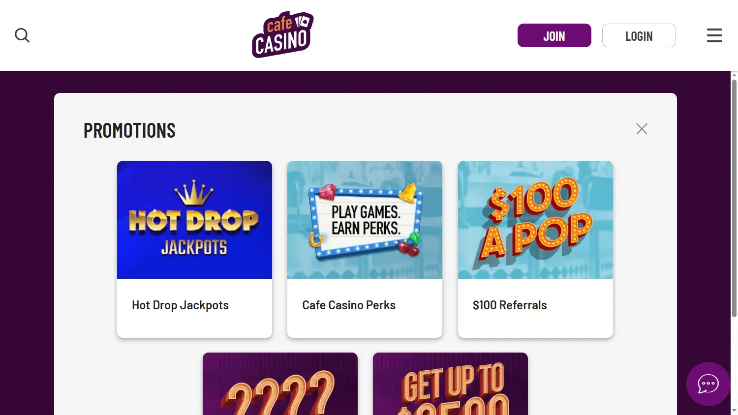 Cafe Casino desktop promotions area with bonuses and jackpot offers