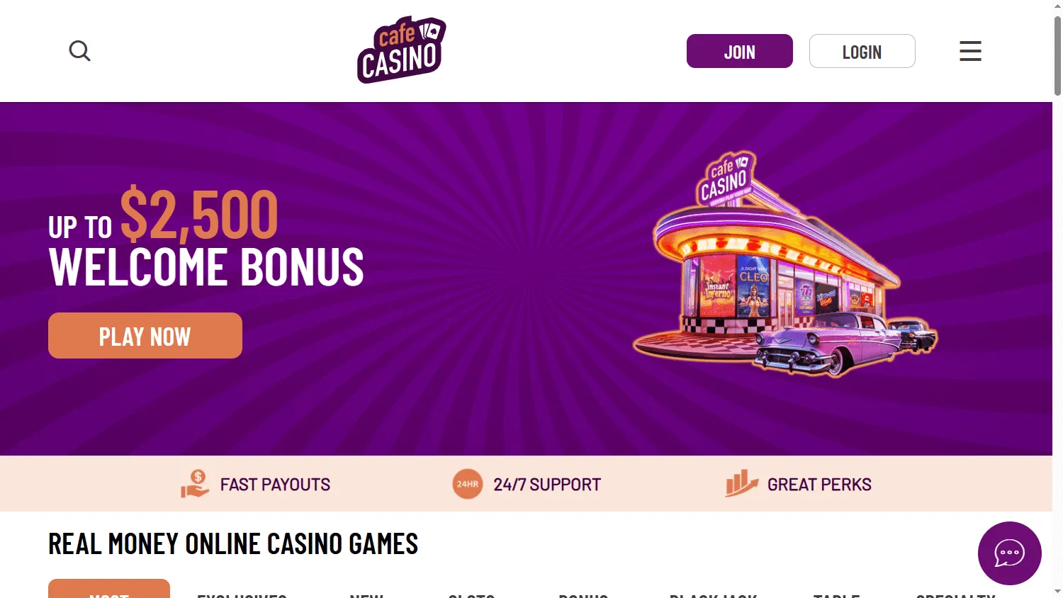 Cafe Casino desktop home screen with casino promotions and game categories